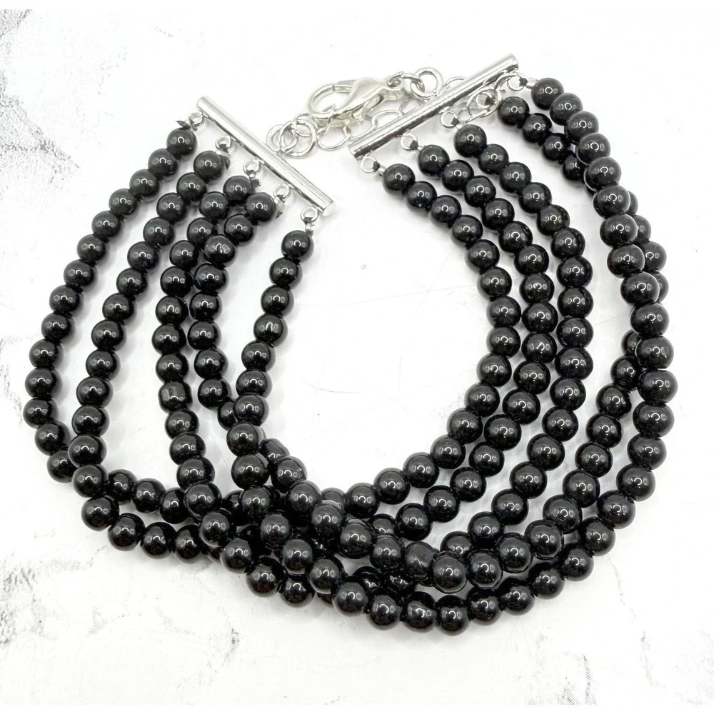 Black‎ Beaded Multi Strand Bracelet Stainless Steel 7-9" Monochrome Jewelry